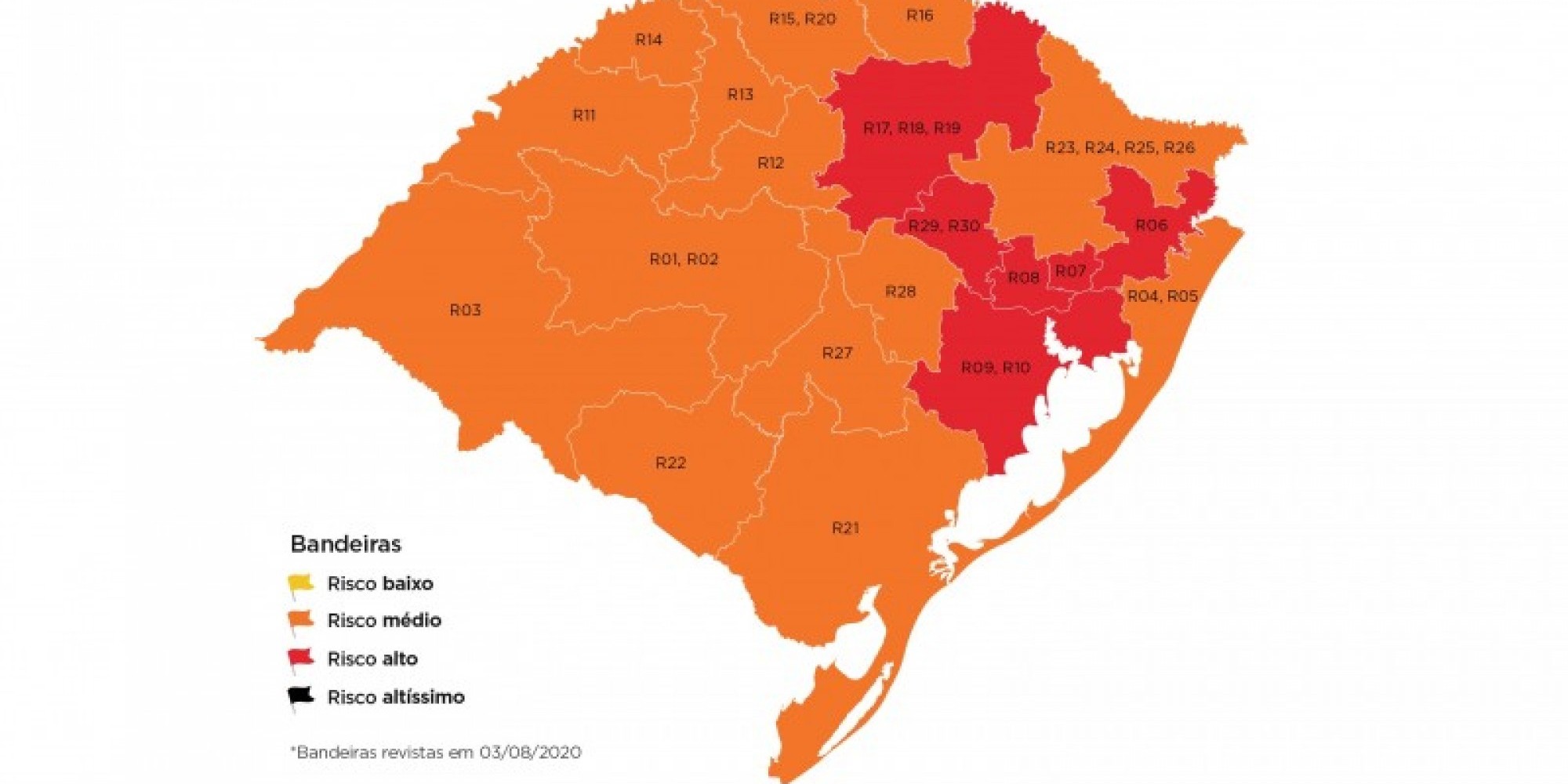Mapa definitivo, em vigor a partir desta terça (4), tem seis regiões em bandeira vermelha e 14 em laranja Mapa definitivo, em vigor a partir desta terça (4), tem seis regiões em bandeira vermelha e 14 em laranja