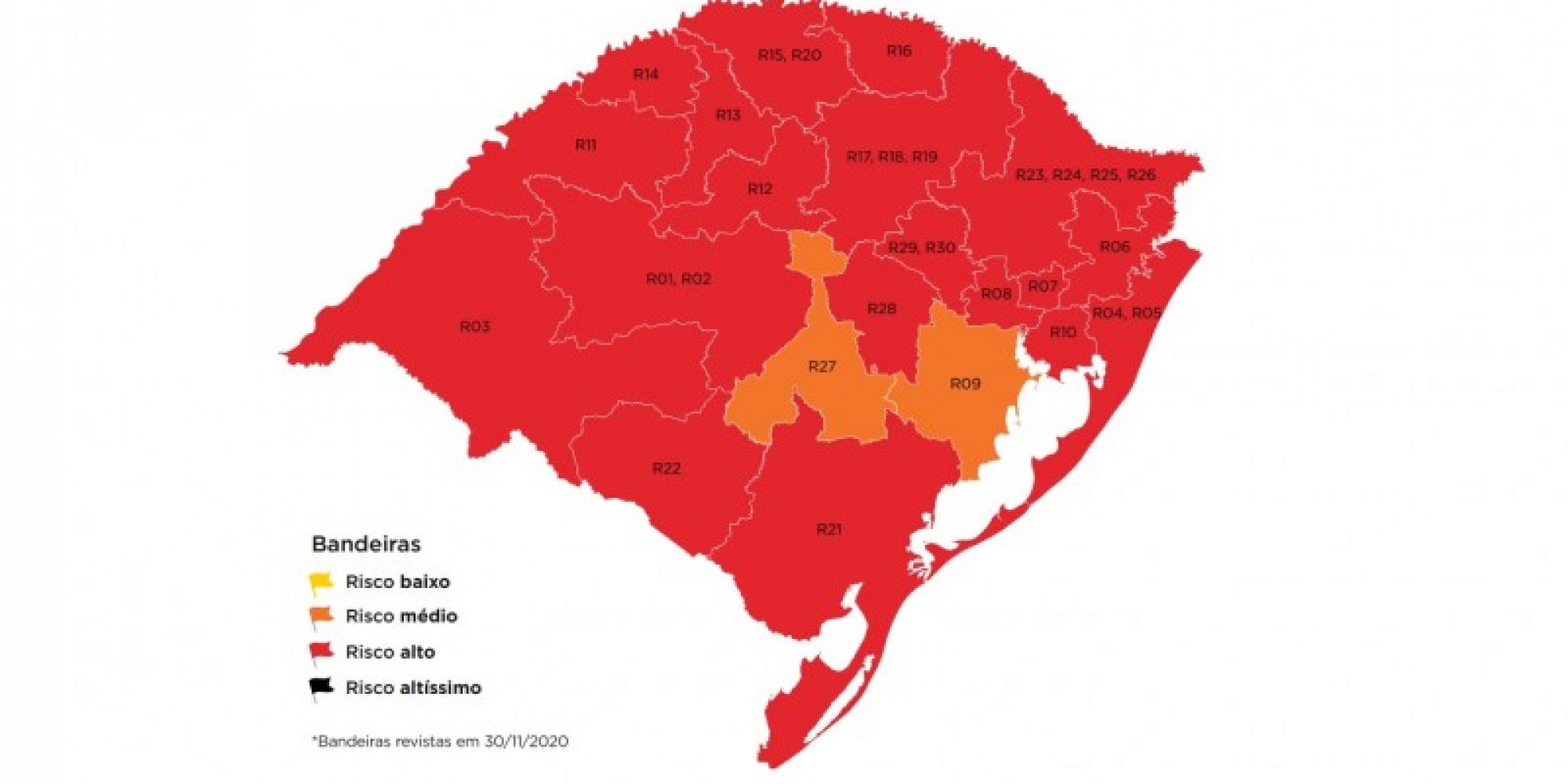  As 19 regiões em bandeira vermelha deverão seguir exclusivamente as regras estabelecidas pelo governo do Estado 