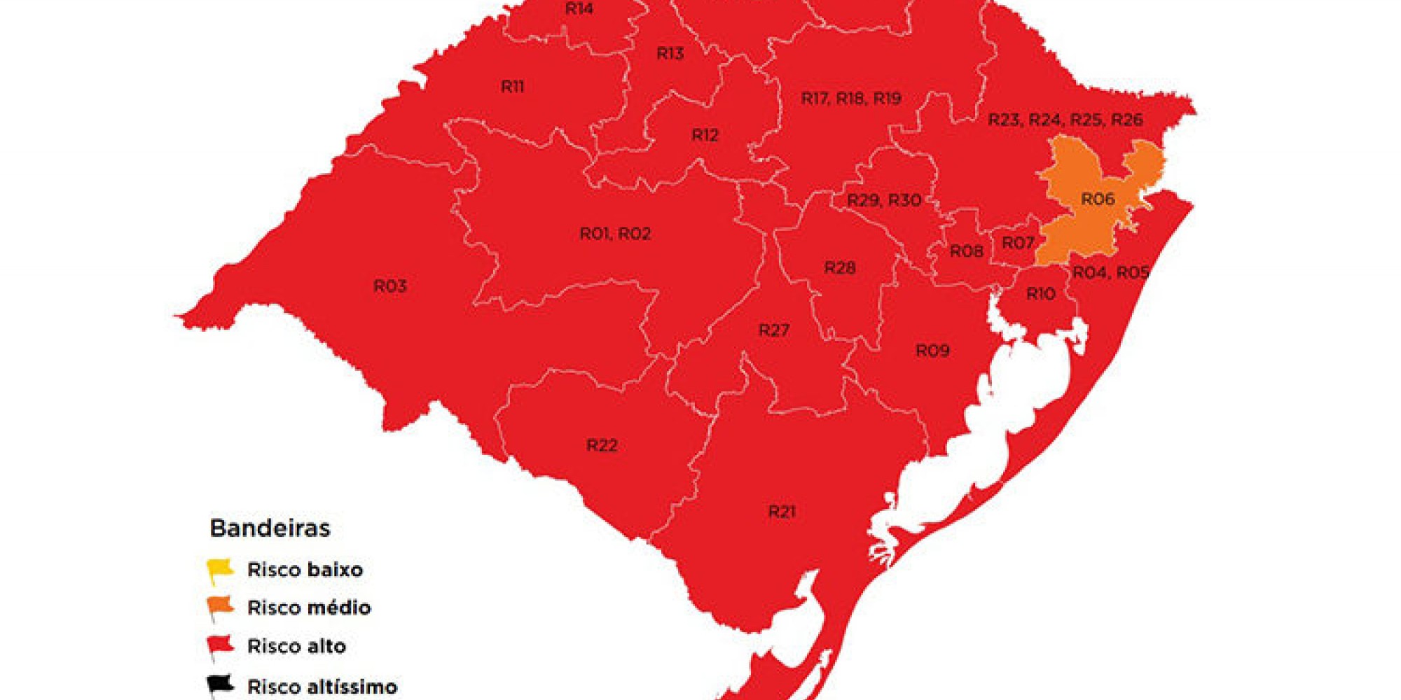 Mapa preliminar classificou 20 das 21 regiões na cor vermelha Mapa preliminar classificou 20 das 21 regiões na cor vermelha