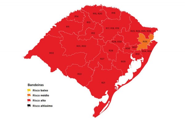 Mapa preliminar classificou 20 das 21 regiões na cor vermelha