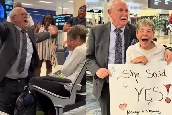 Idoso reencontra ex-namorada no aeroporto e a pede em casamento após 50 anos